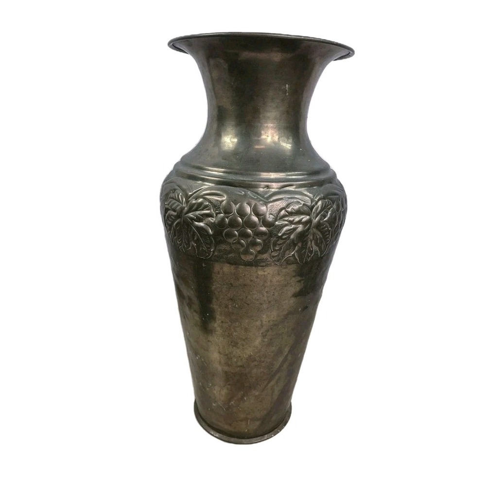 Vintage Distressed Tall Brass Embossed Urn Vase Vessel India 14.5" Dent *SEE